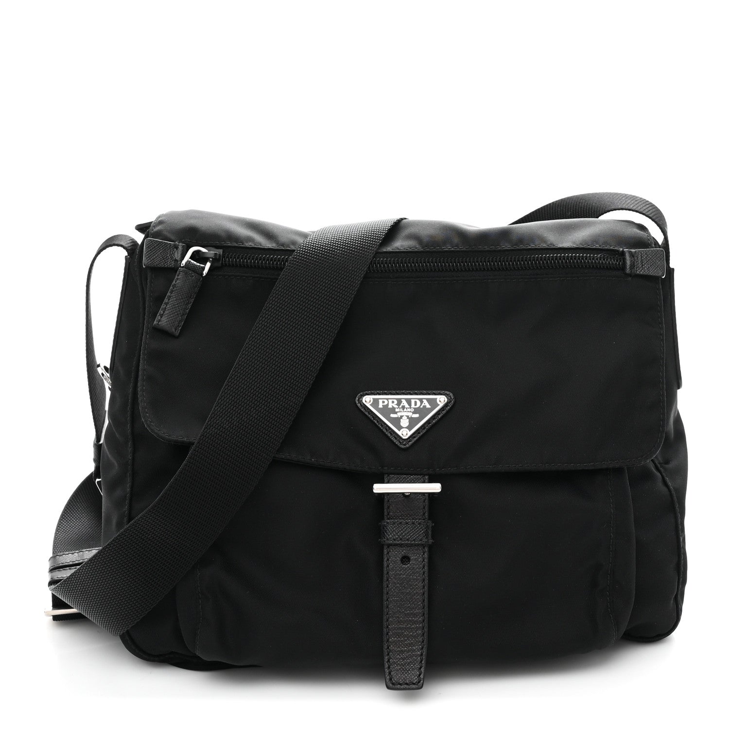 Prada Nylon Vela Saffiano Single Buckle Messenger Shoulder Bag Black 1 of 10