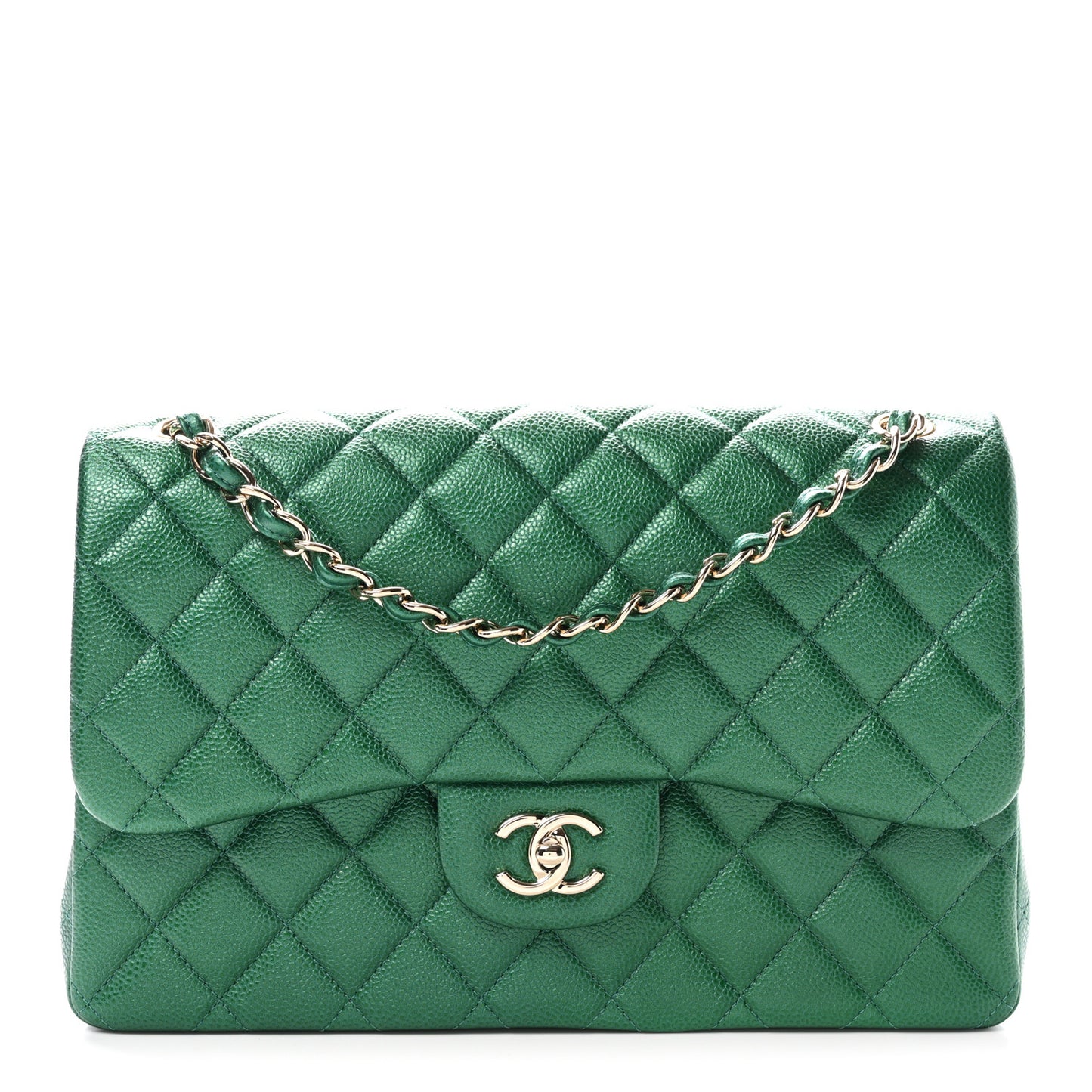 Metallic Caviar Quilted Jumbo Double Flap Green