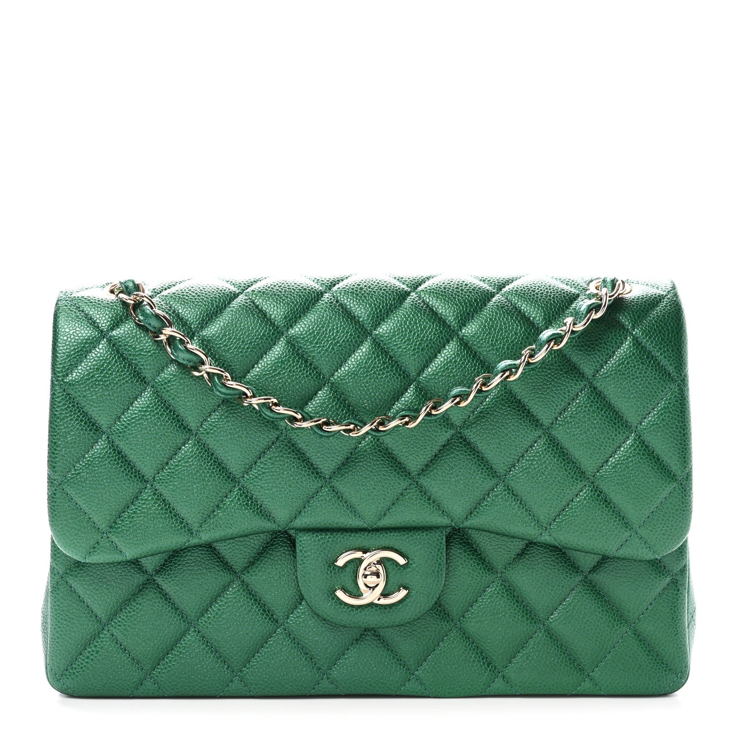 Chanel Metallic Caviar Quilted Jumbo Double Flap Green 1 of 10