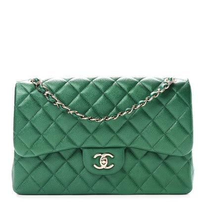 Chanel Metallic Caviar Quilted Jumbo Double Flap Green 1 of 10