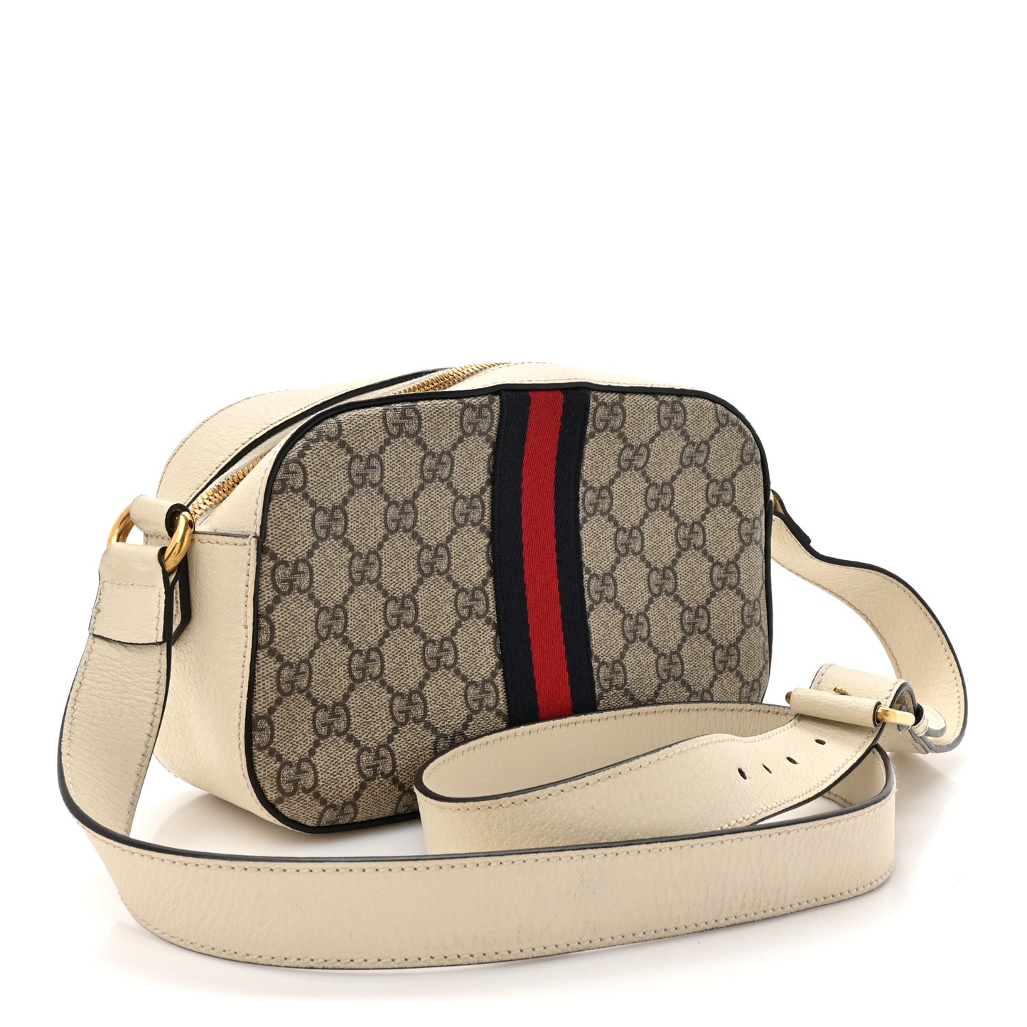GG Supreme Monogram Textured Calfskin Web Small Ophidia Camera Bag Beige Ebony Mystic White