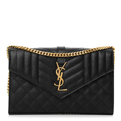 Saint Laurent Grain De Poudre Mixed Matelasse Triquilt Monogram Chain Wallet Black 1 of 23