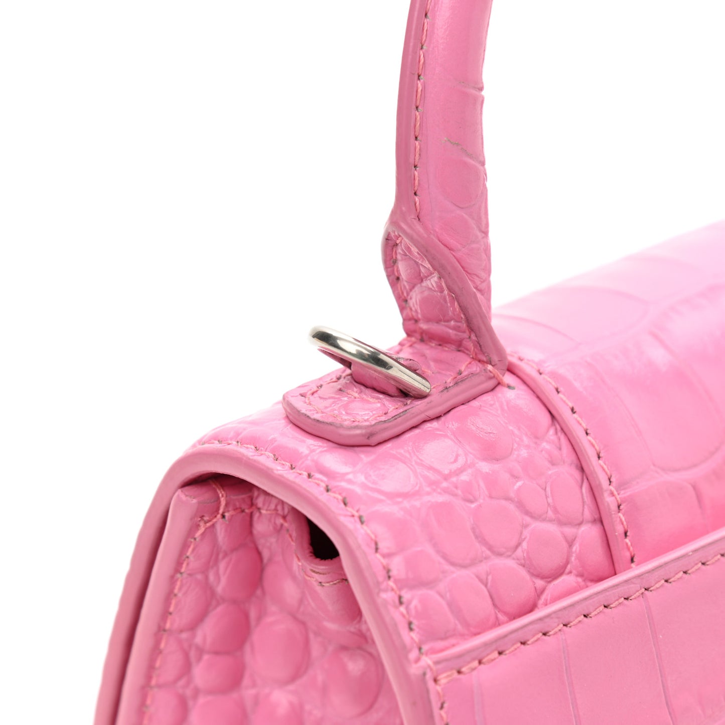 Shiny Calfskin Crocodile Embossed Hourglass Top Handle Bag XS Baby Pink
