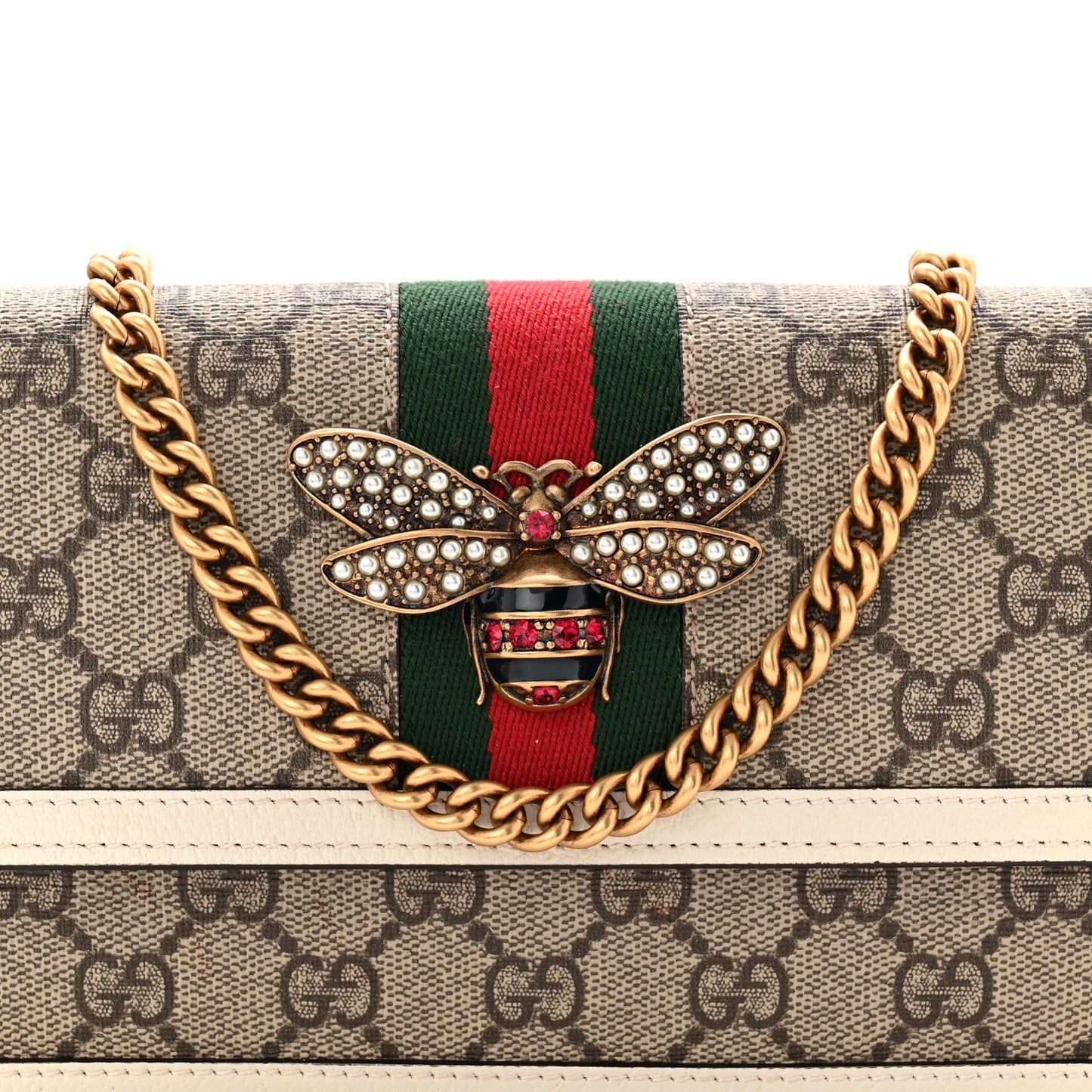 GG Supreme Monogram Web Queen Margaret Chain Wallet White