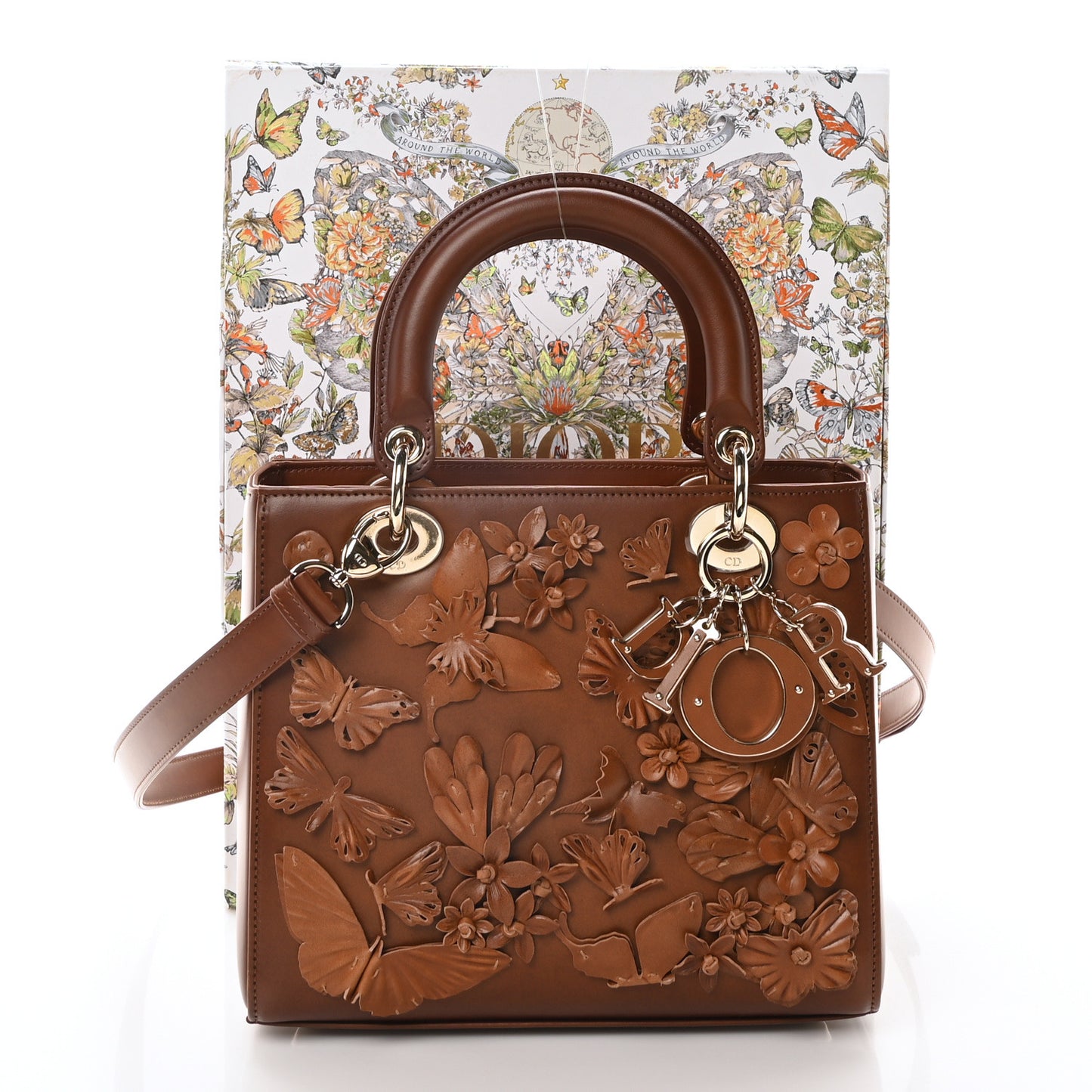 Calfskin 3D Butterfly Embellished Medium Lady Dior Brown
