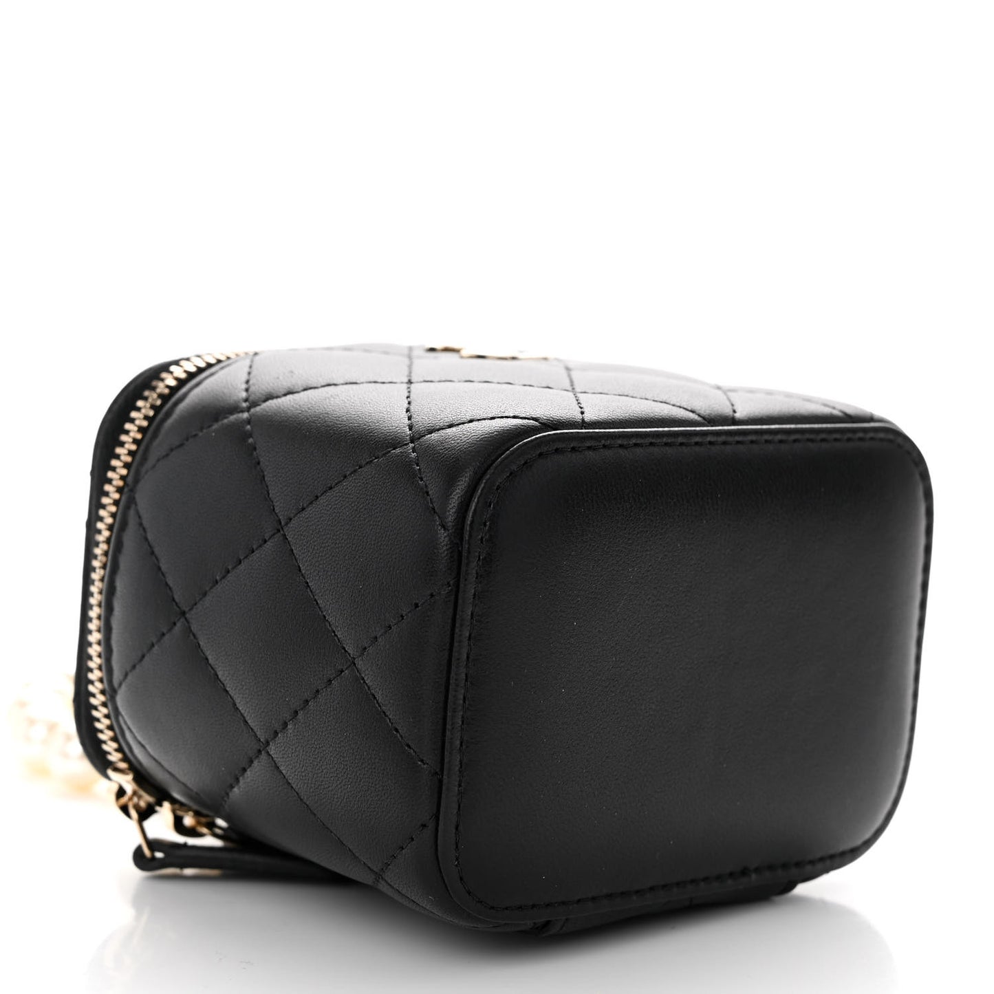 Lambskin Quilted Mini Vanity Case With Pearl Chain Black
