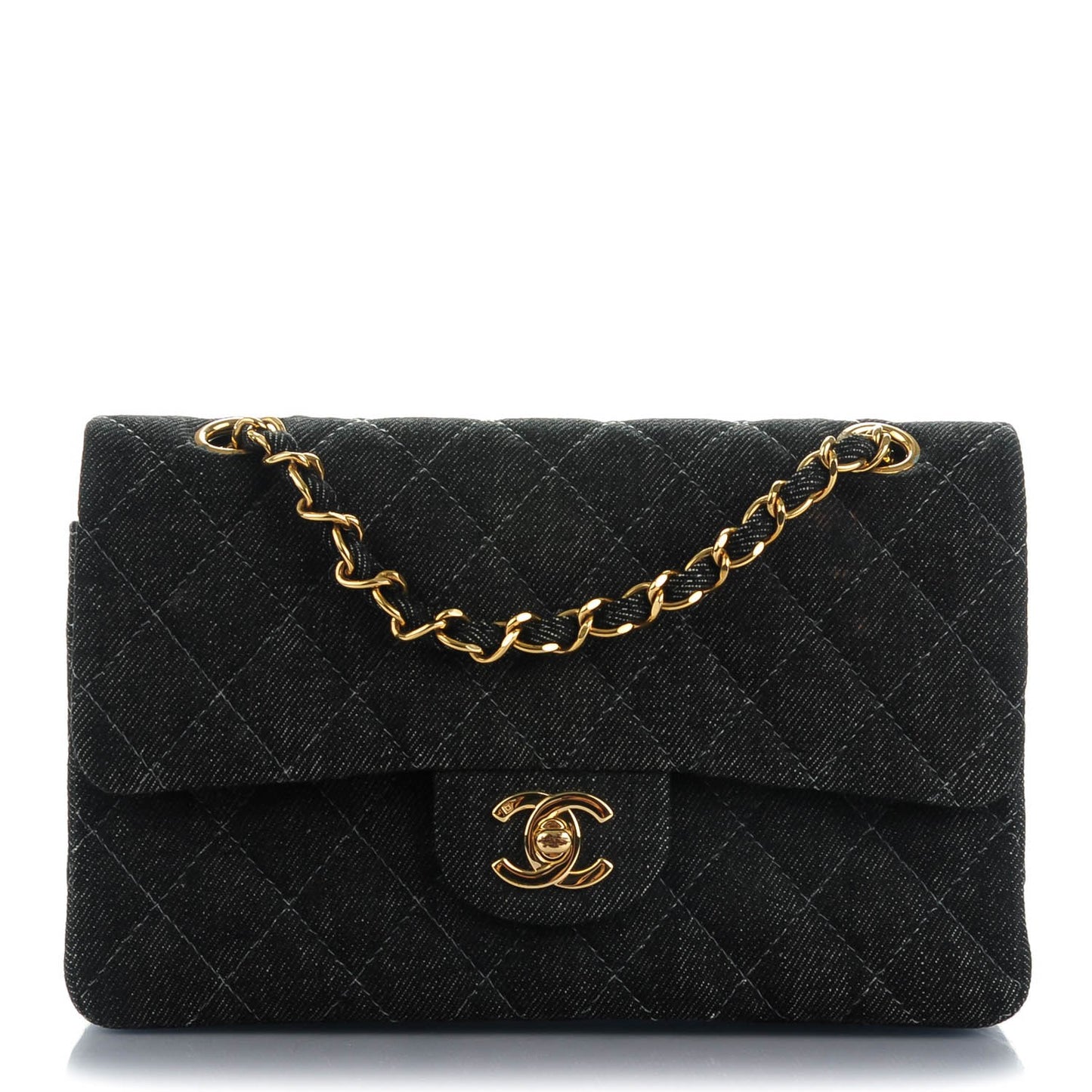 Denim Quilted Small Double Flap Black