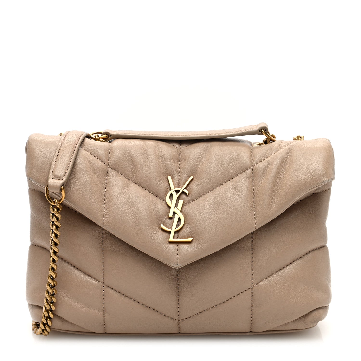 Saint Laurent Lambskin Quilted Toy Loulou Puffer Monogram Chain Satchel Dark Beige 1 of 9