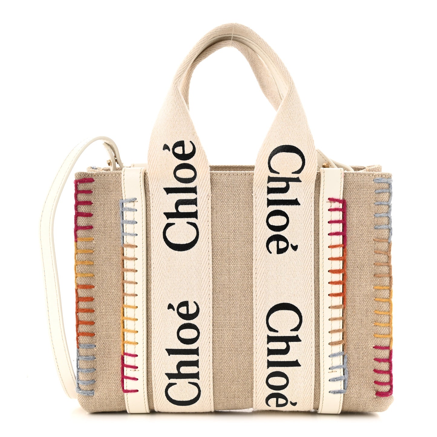 Linen Canvas Calfskin Blanket Stitched Small Woody Ribbon Tote White Multicolor