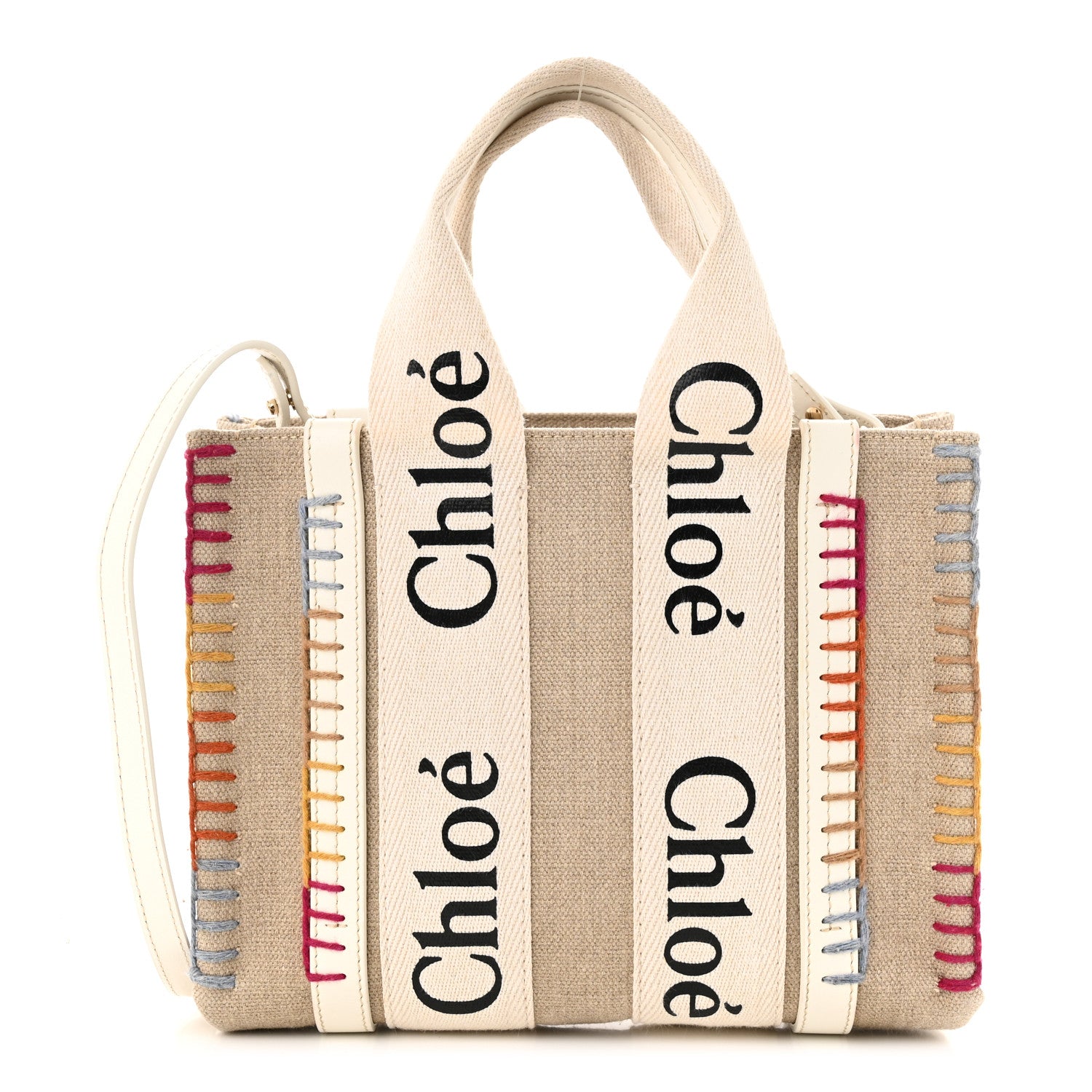 Chloe Linen Canvas Calfskin Blanket Stitched Small Woody Ribbon Tote White Multicolor 1 of 11
