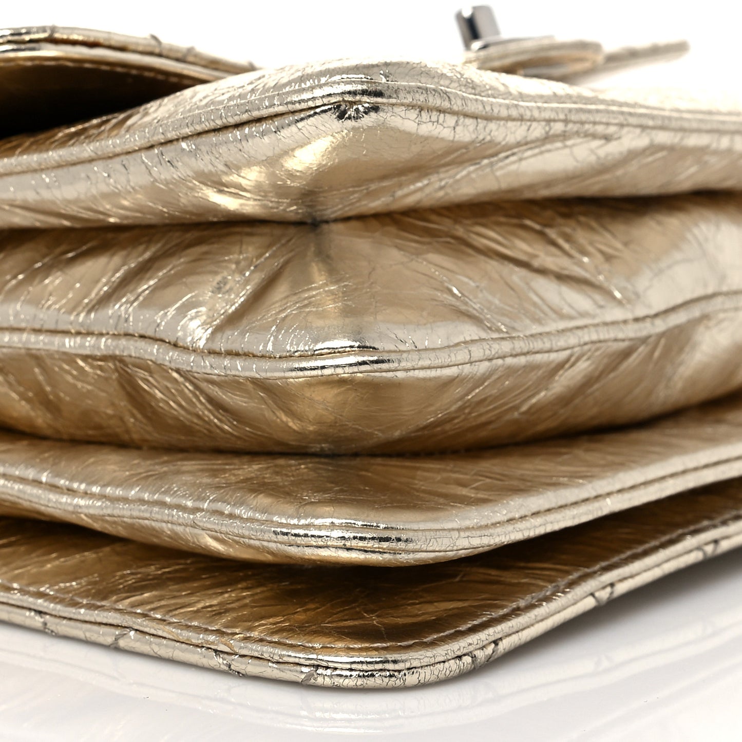 Metallic Crackled Calfskin Medium Clam's Pocket Flap Gold