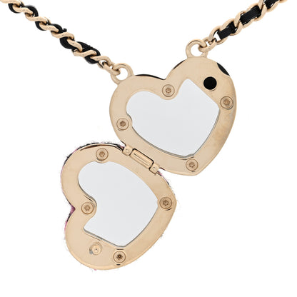 Chanel Tweed Lambskin CC Heart Locket Necklace Gold Black Pink 4 of 5