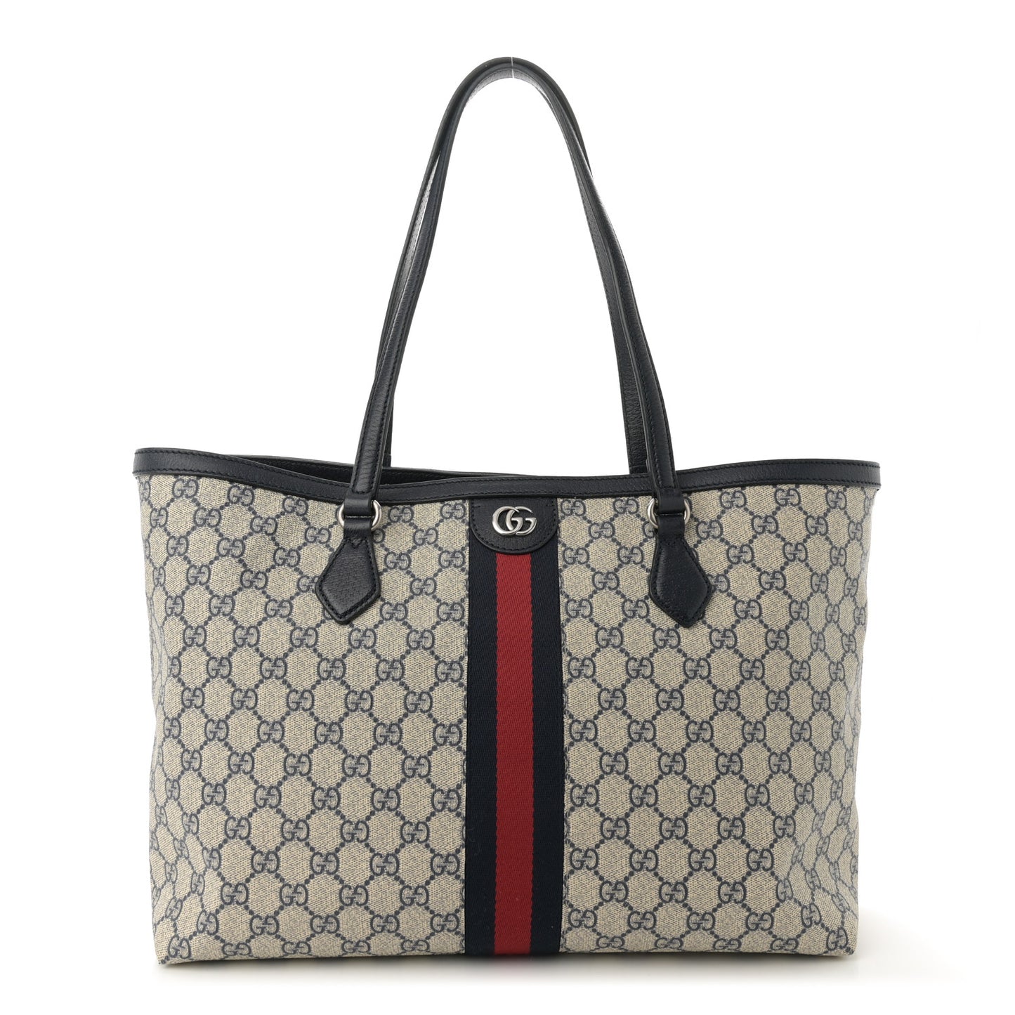 GG Supreme Monogram Textured Calfskin Web Medium Ophidia Shopping Tote Beige Blue