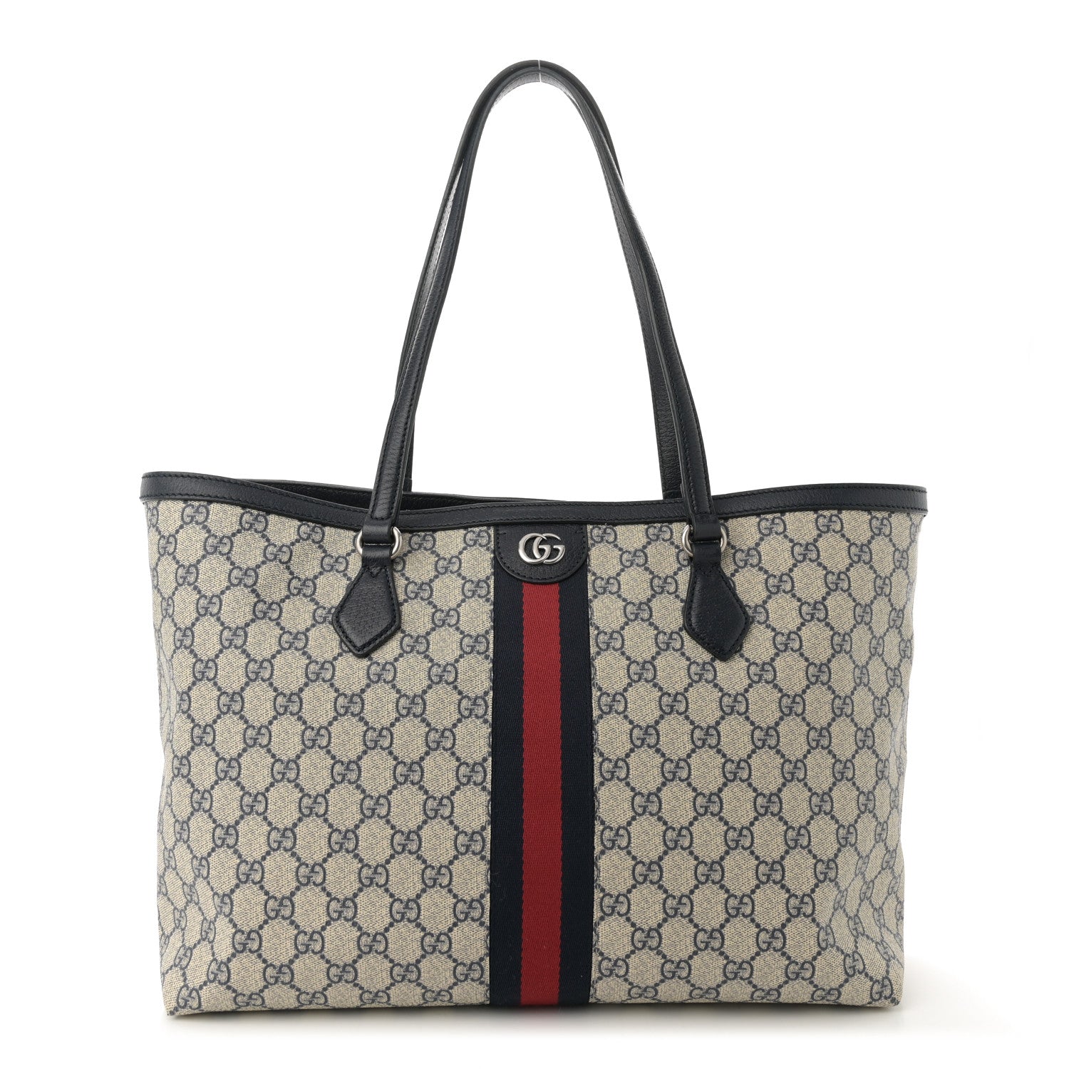 Gucci GG Supreme Monogram Textured Calfskin Web Medium Ophidia Shopping Tote Beige Blue 1 of 12