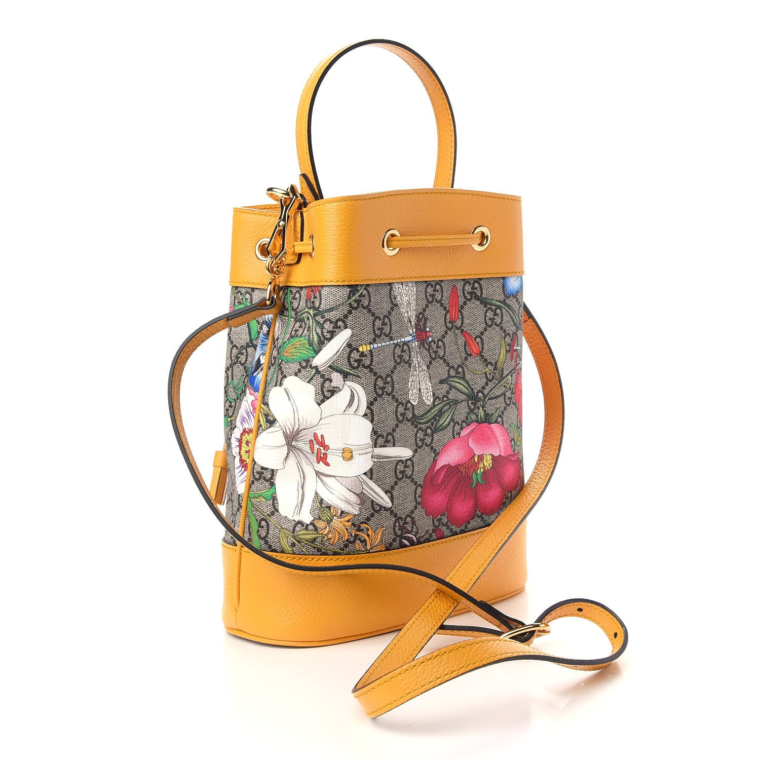 Gucci GG Supreme Monogram Flora Small Ophidia Bucket Bag Beige Multicolor Crop 3 of 9