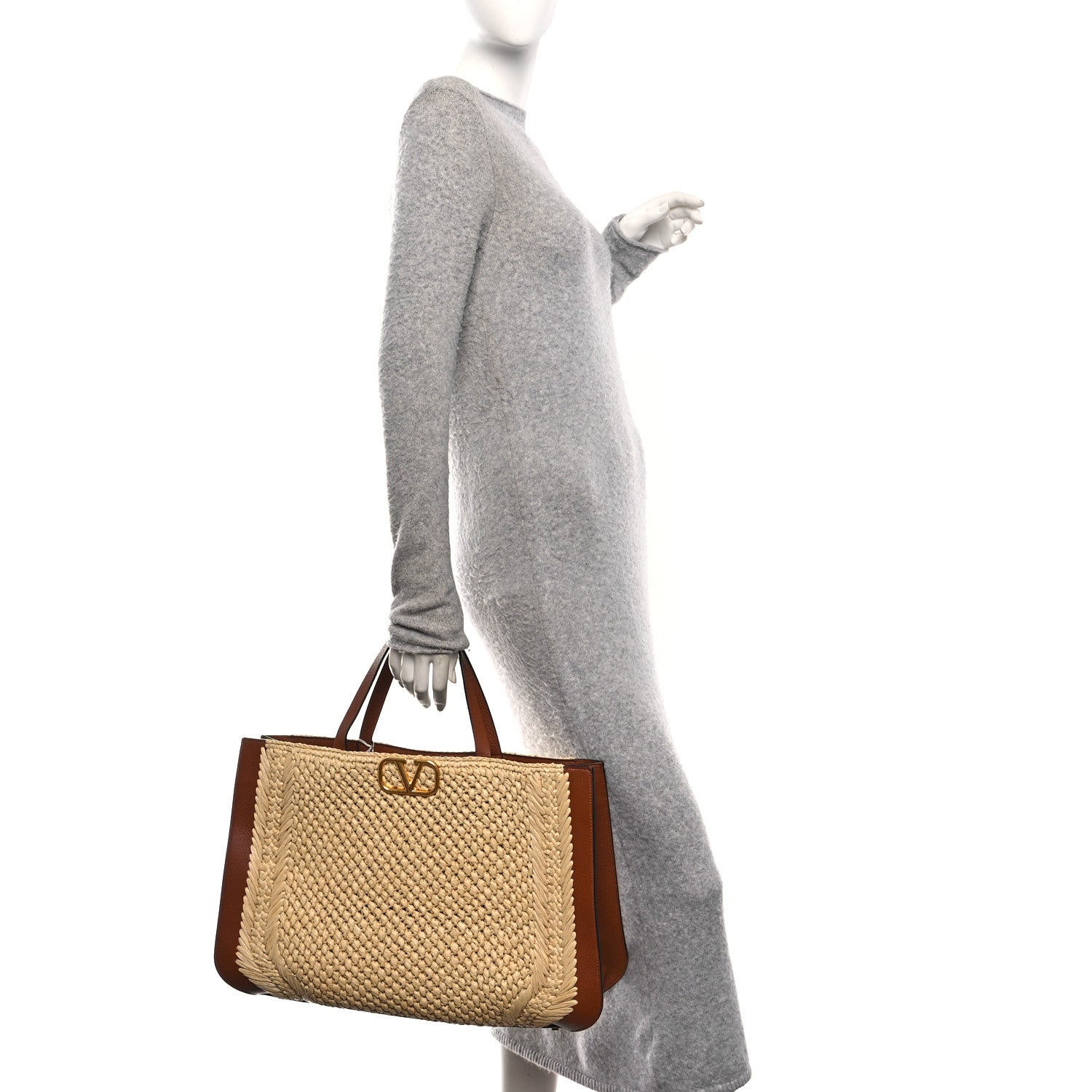 Valentino Garavani Raffia Calfskin Vlogo Tote Naturale Saddle Brown 2 of 9