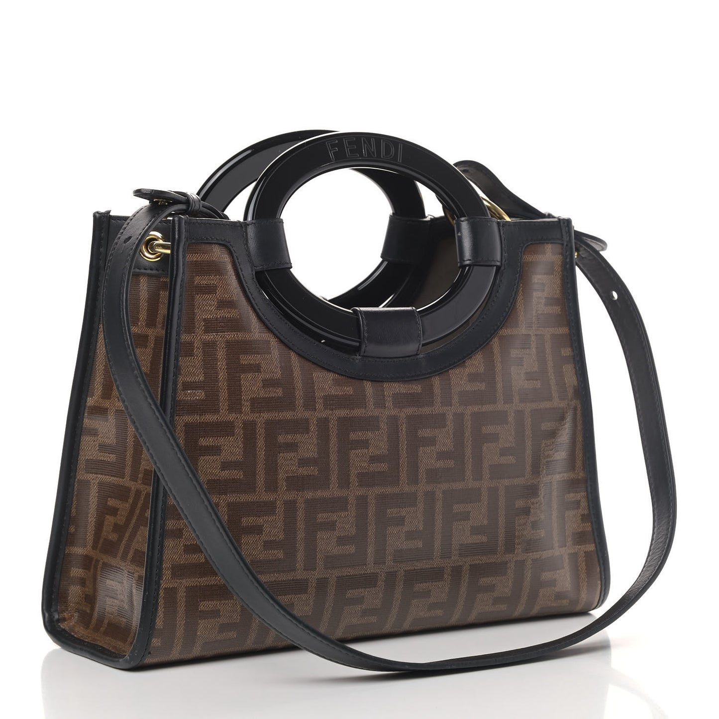 Glazed Fabric Vitello Century Plexiglass FF 1974 Stamp Patch Small Runaway Shopper Tote Mogano Panna Black