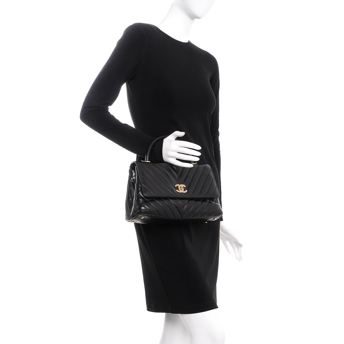 Calfskin Chevron Quilted Small Coco Handle Flap Black