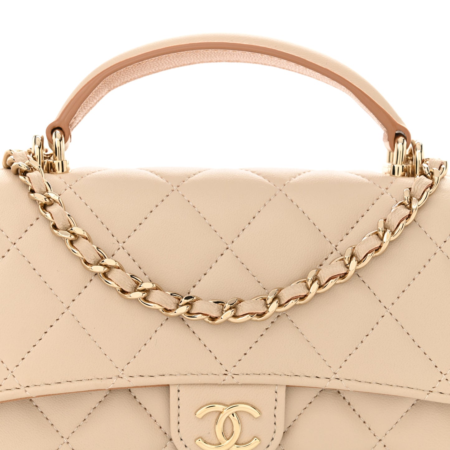 Lambskin Quilted Flap Phone Holder With Chain Ecru Dark Beige