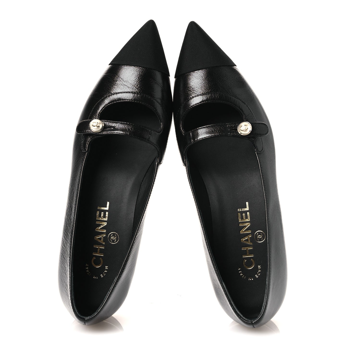 Shiny Lambskin Grosgrain Pearl Mary Jane Flats 37 Black