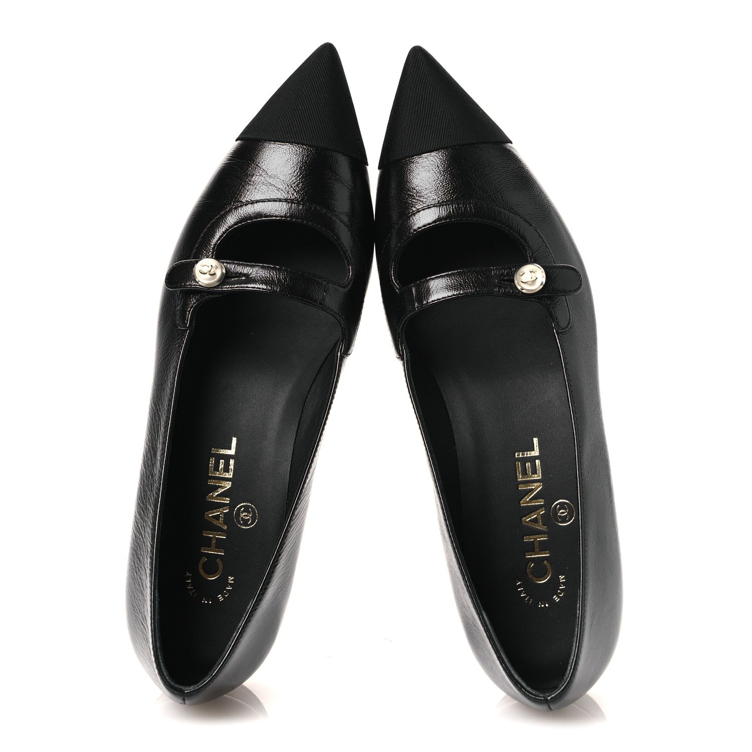 Chanel Shiny Lambskin Grosgrain Pearl Mary Jane Flats 37 Black 2 of 11