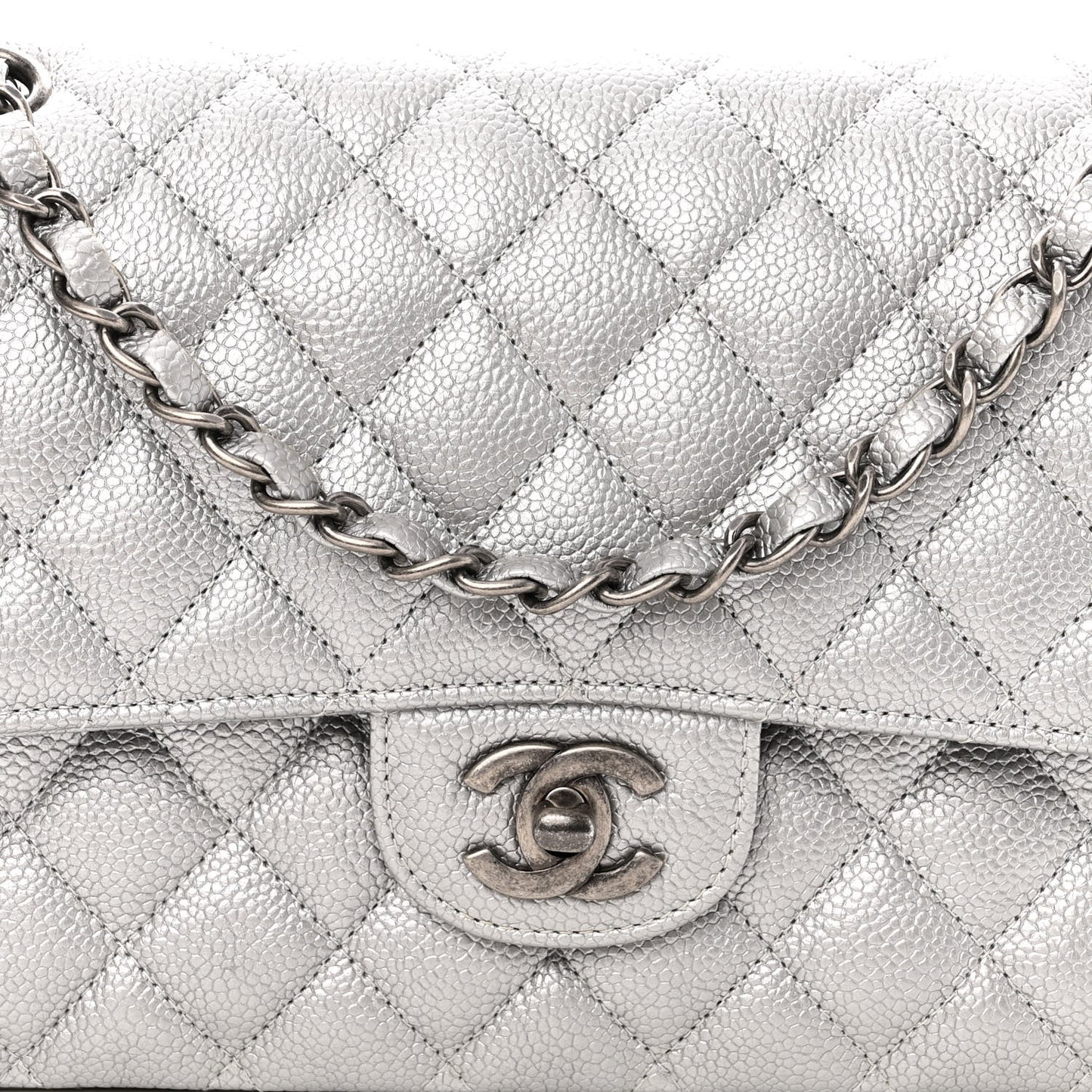 Metallic Caviar Quilted Medium Double Flap Silver