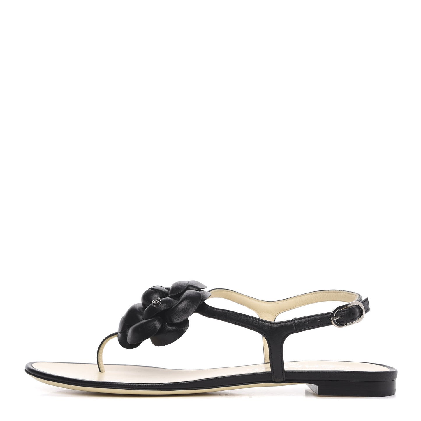 Lambskin Camellia Thong Sandals 37 Black