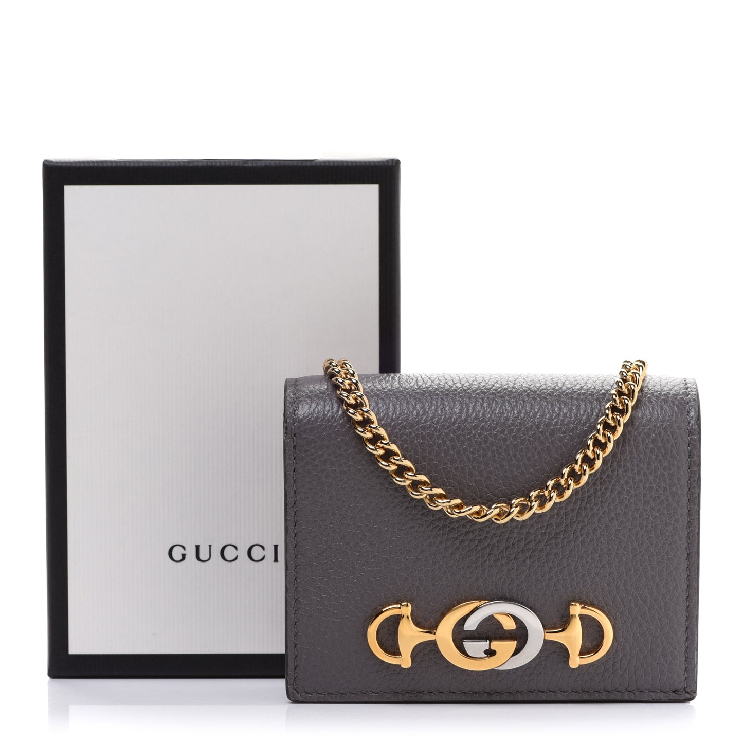 Grainy Calfskin Zumi Chain Card Case Wallet Dusty Grey