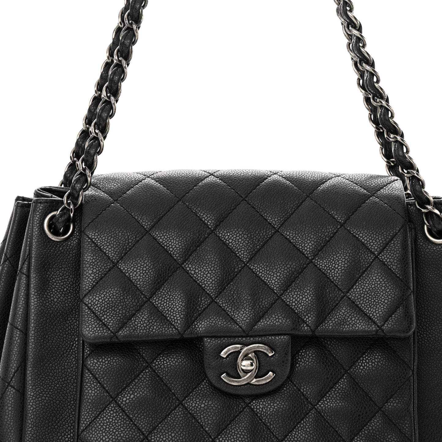 Caviar Quilted CC Accordion Shopping Bag Black