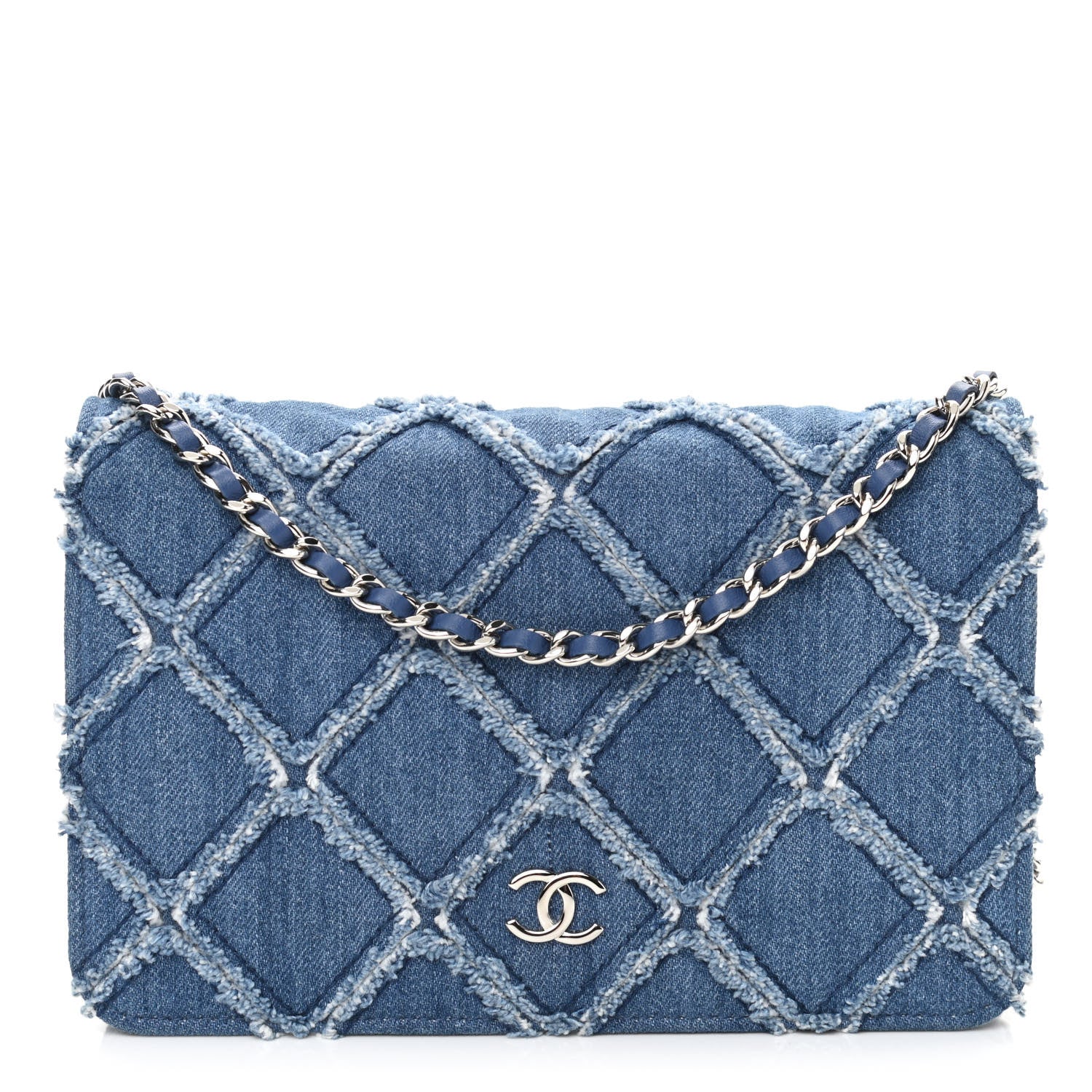 Chanel Frayed Denim Quilted Wallet On Chain WOC Blue 1 of 9