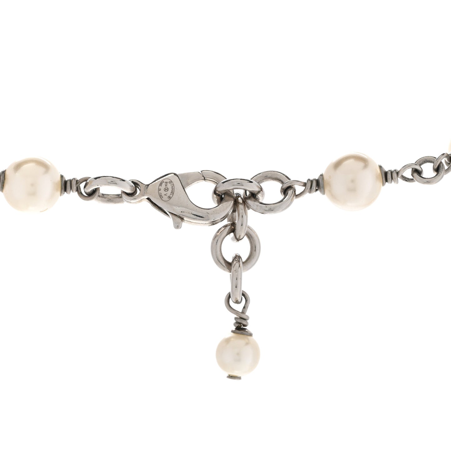 Graduated Pearl Crystal CC Long Necklace Silver