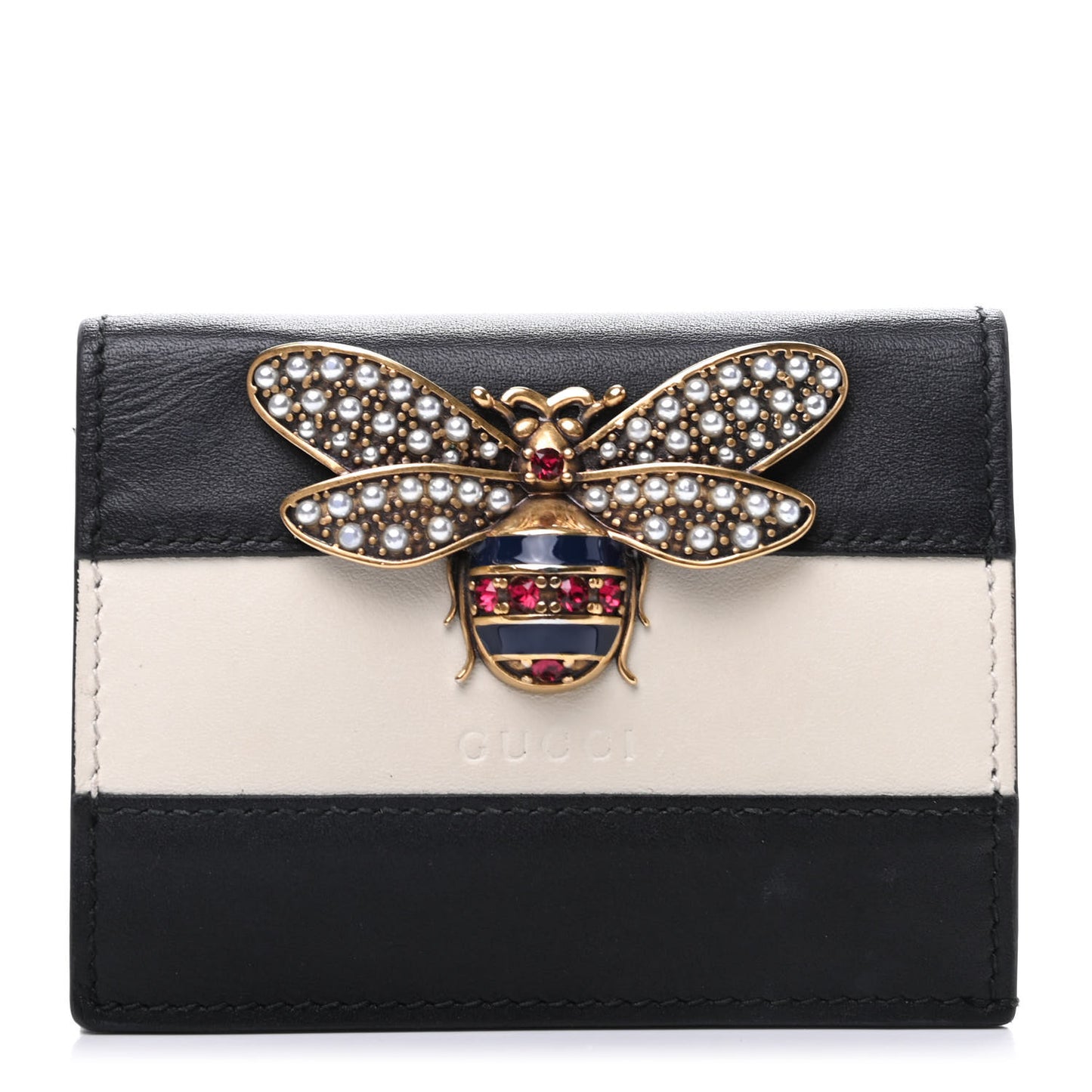 Calfskin Queen Margaret Card Case Wallet Black Mystic White