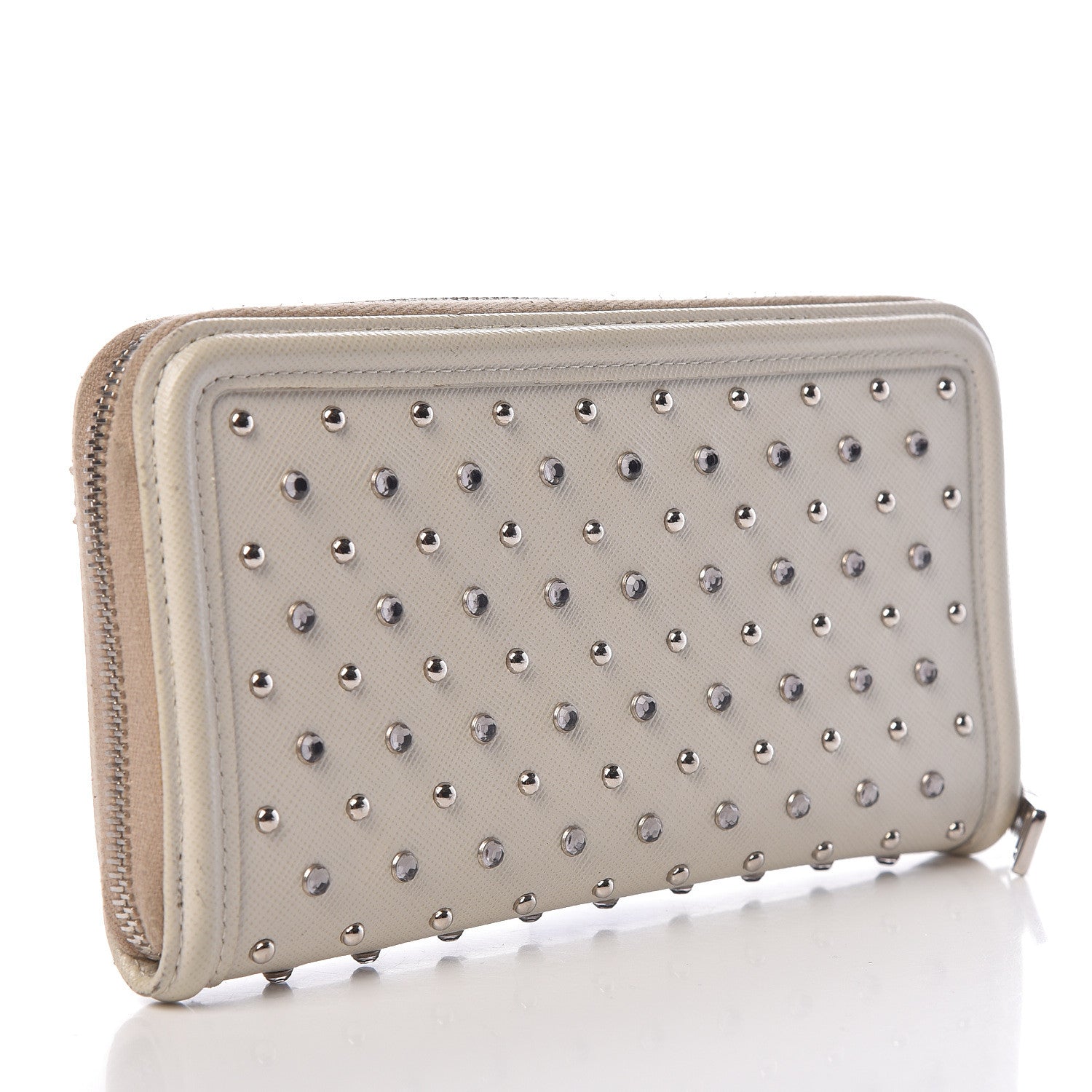 Prada Saffiano Vernice Crystal Studded Zip Around Wallet White 3 of 13