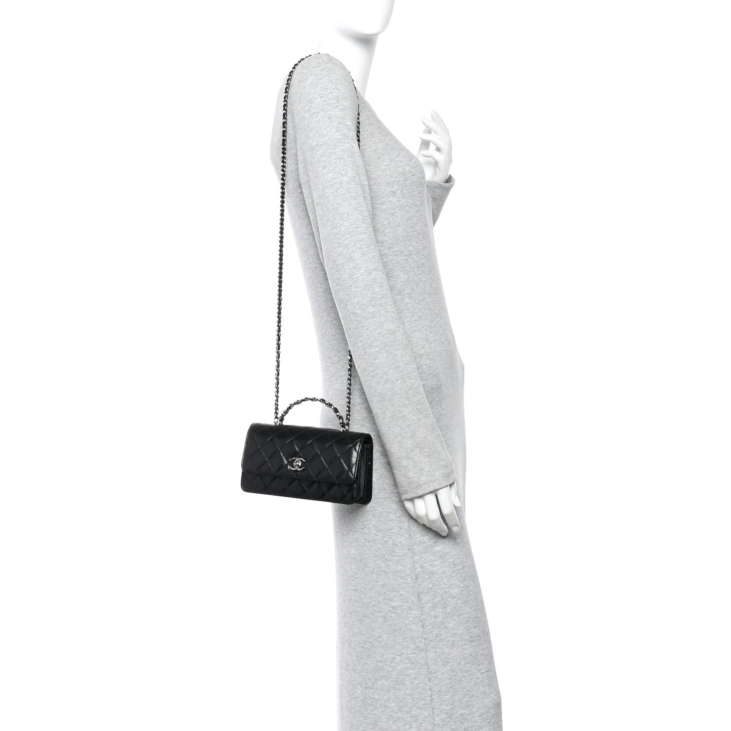 Shiny Crumpled Calfskin Crystal Quilted Precious Handle Clutch With Chain Black