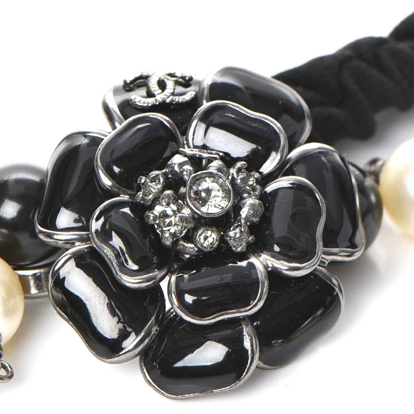 Pearl Enamel Crystal Camellia CC Headband Black