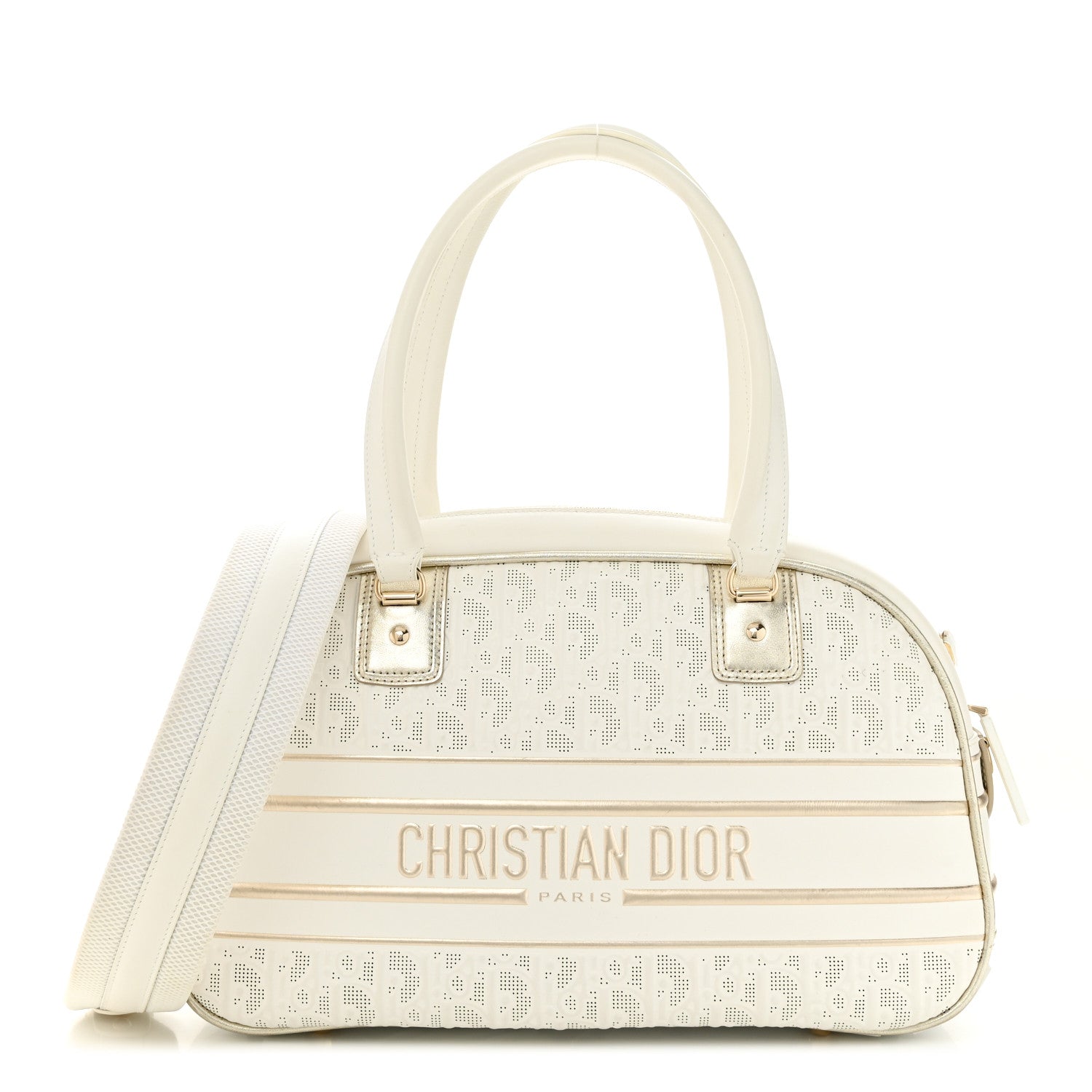 Christian Dior Perforated Calfskin Medium Dior Vibe Classic Bowling Bag White Gold 1 of 15
