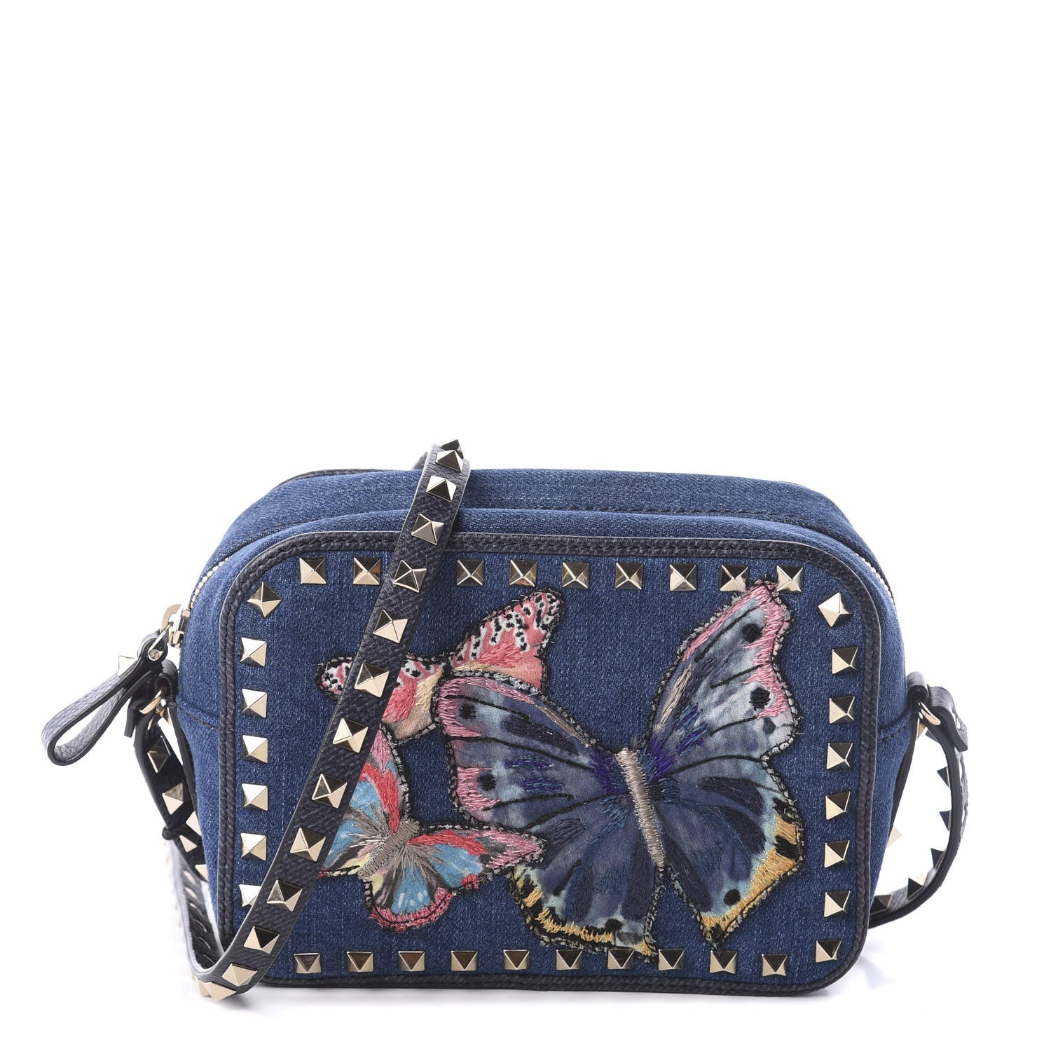 Valentino Garavani Denim Butterfly Embroidered Rockstud Camera Crossbody Bag Light Denim Multicolor 1 of 9