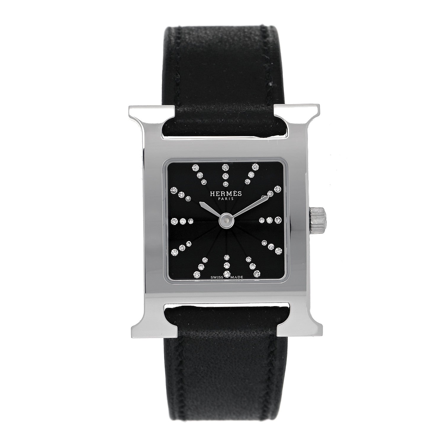 Hermes Stainless Steel Barenia Diamond 21mm Heure H Hour Quartz Watch Noir 1 of 5