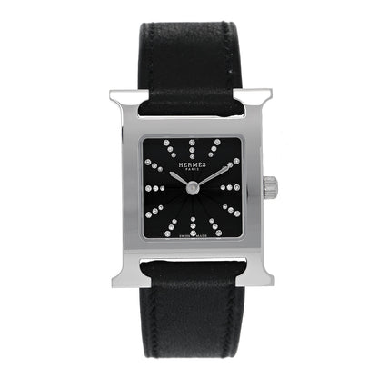 Hermes Stainless Steel Barenia Diamond 21mm Heure H Hour Quartz Watch Noir 1 of 5