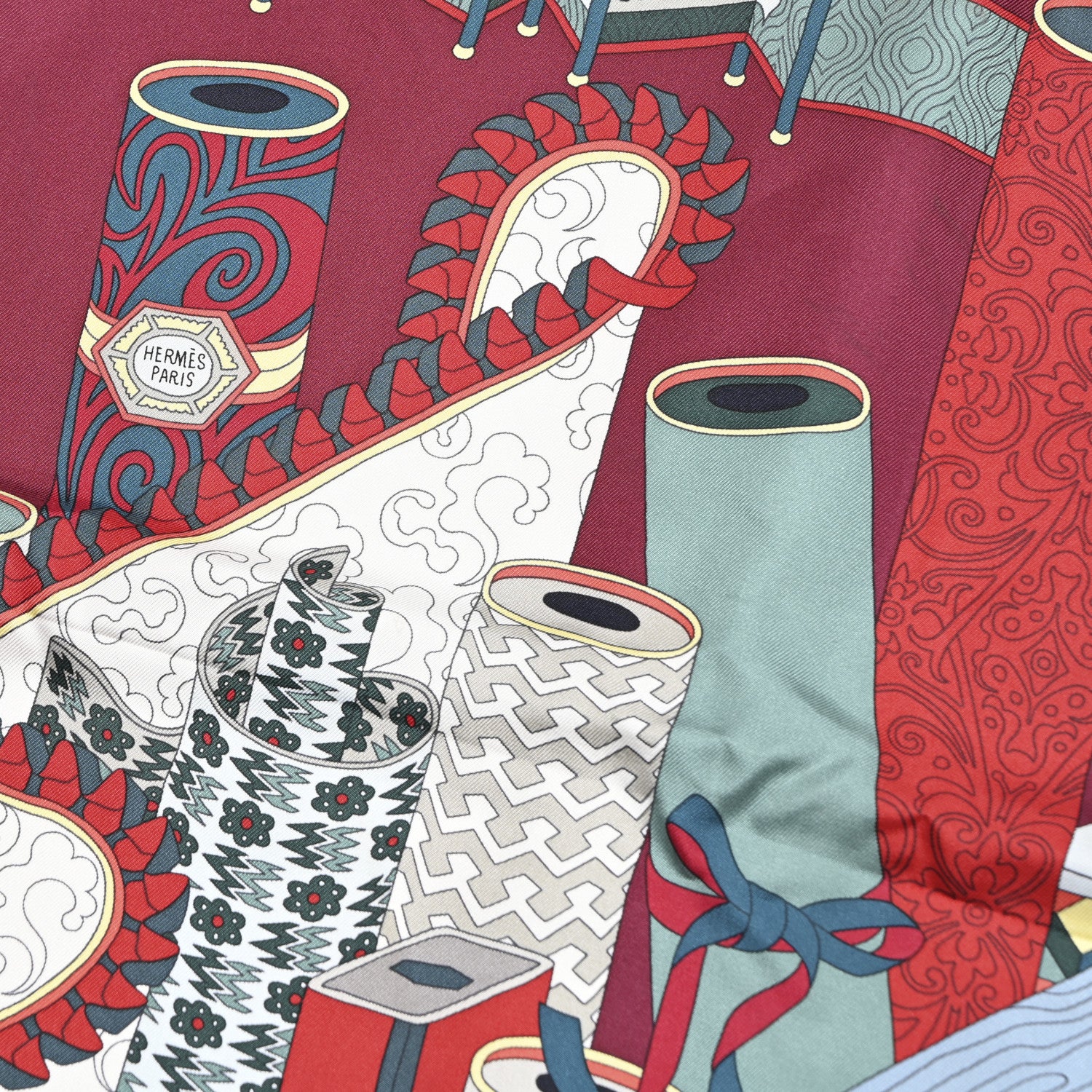 Hermes Silk Les Tresors D Un Artiste Scarf 90 Bordeaux Vert Blue 2 of 6