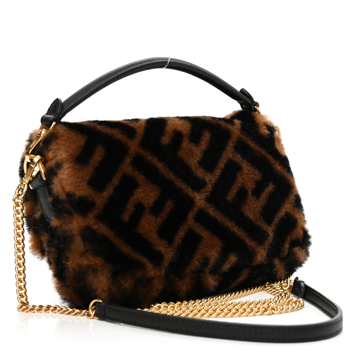Fendi Shearling Vitello Dolce Macro FF 1974 Mini Baguette Tobacco Black 3 of 8