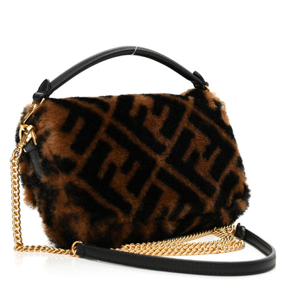 Fendi Shearling Vitello Dolce Macro FF 1974 Mini Baguette Tobacco Black 3 of 8