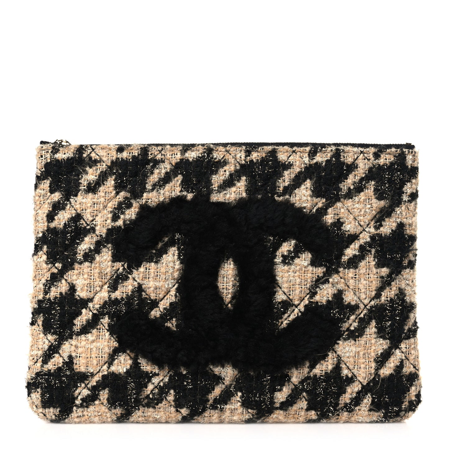 Tweed Shearling Quilted Chanel Cosmetic Pouch Beige Black