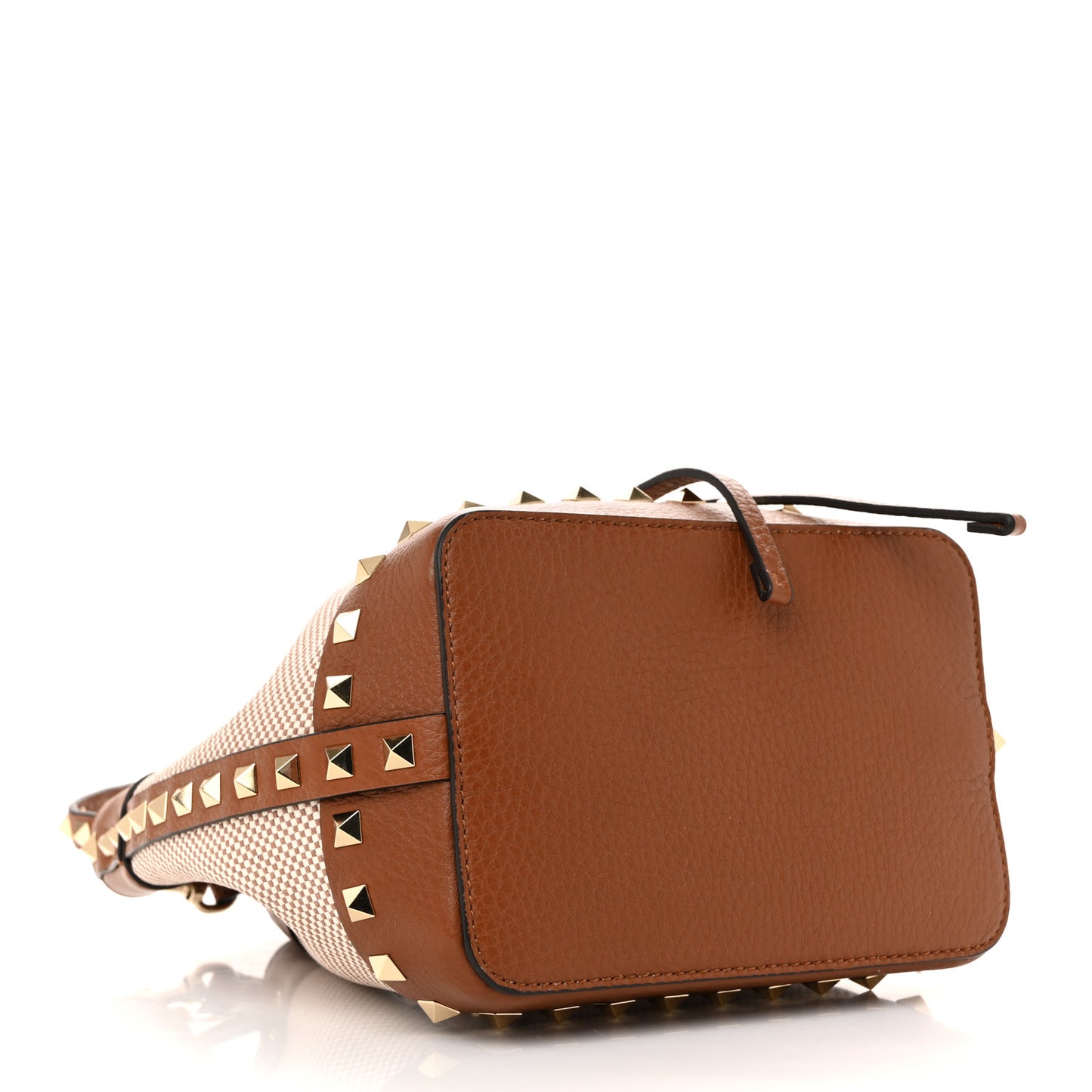 Canvas Grained Calfskin Rockstud Drawstring Bucket Bag Naturale Tobacco