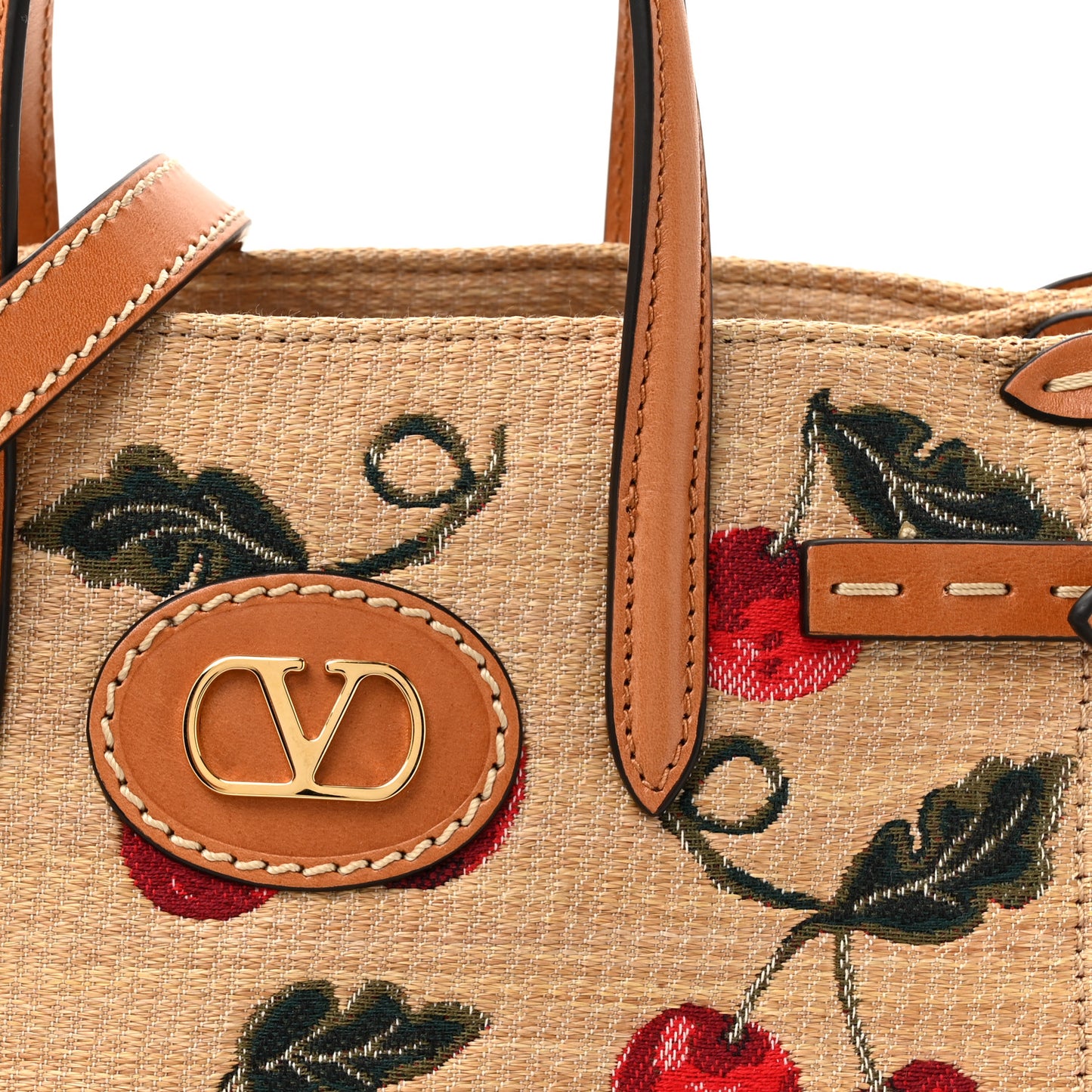 Jacquard Raffia Cherryfic Small Vlogo Antibes Shopping Bag Natural Red