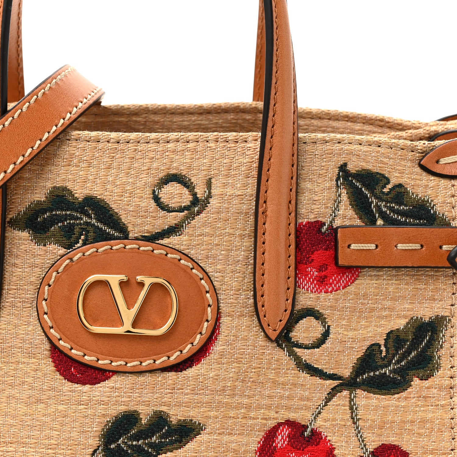 Valentino Garavani Jacquard Raffia Cherryfic Small Vlogo Antibes Shopping Bag Natural Red 7 of 9
