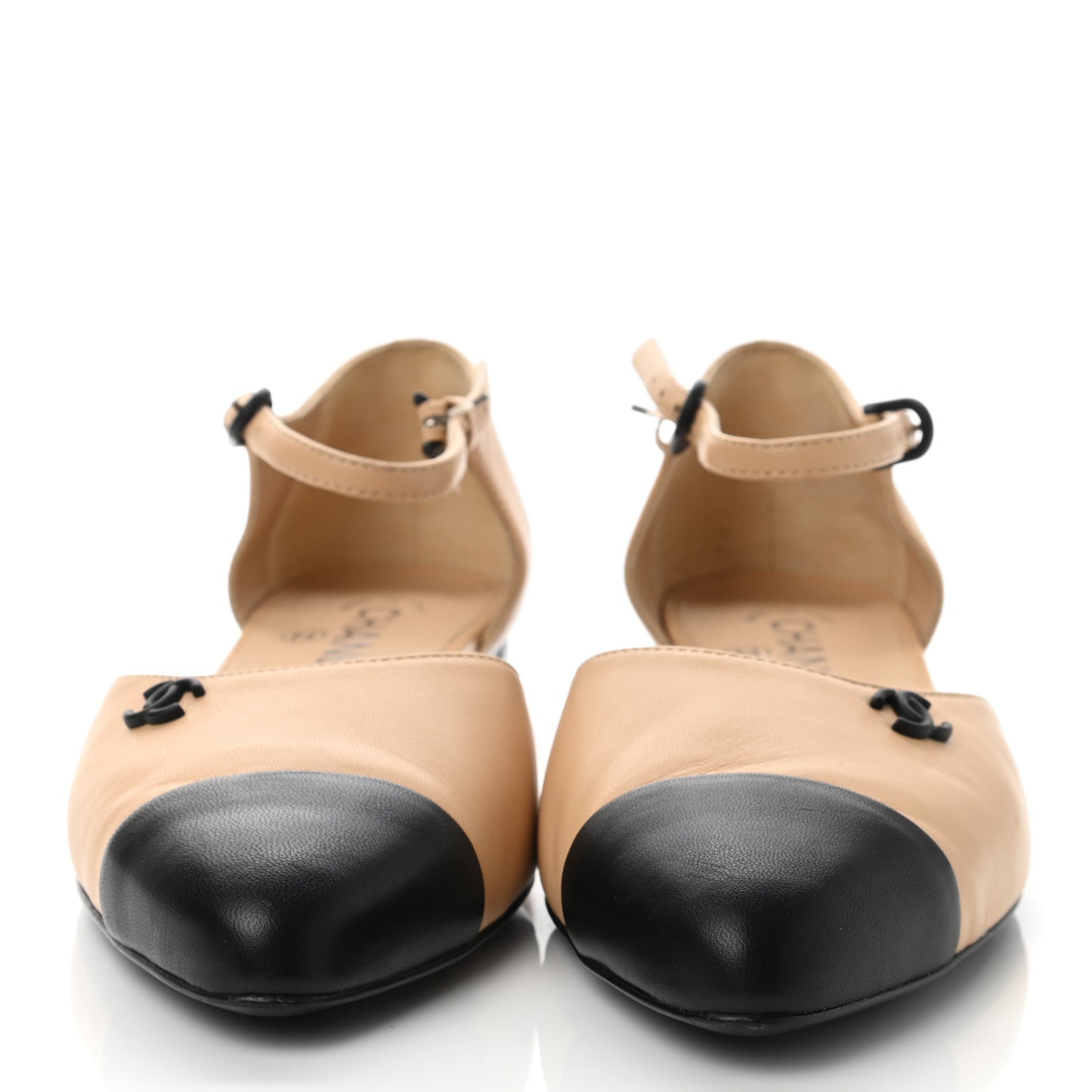 Lambskin Cap Toe CC Flats 37.5 Beige Black
