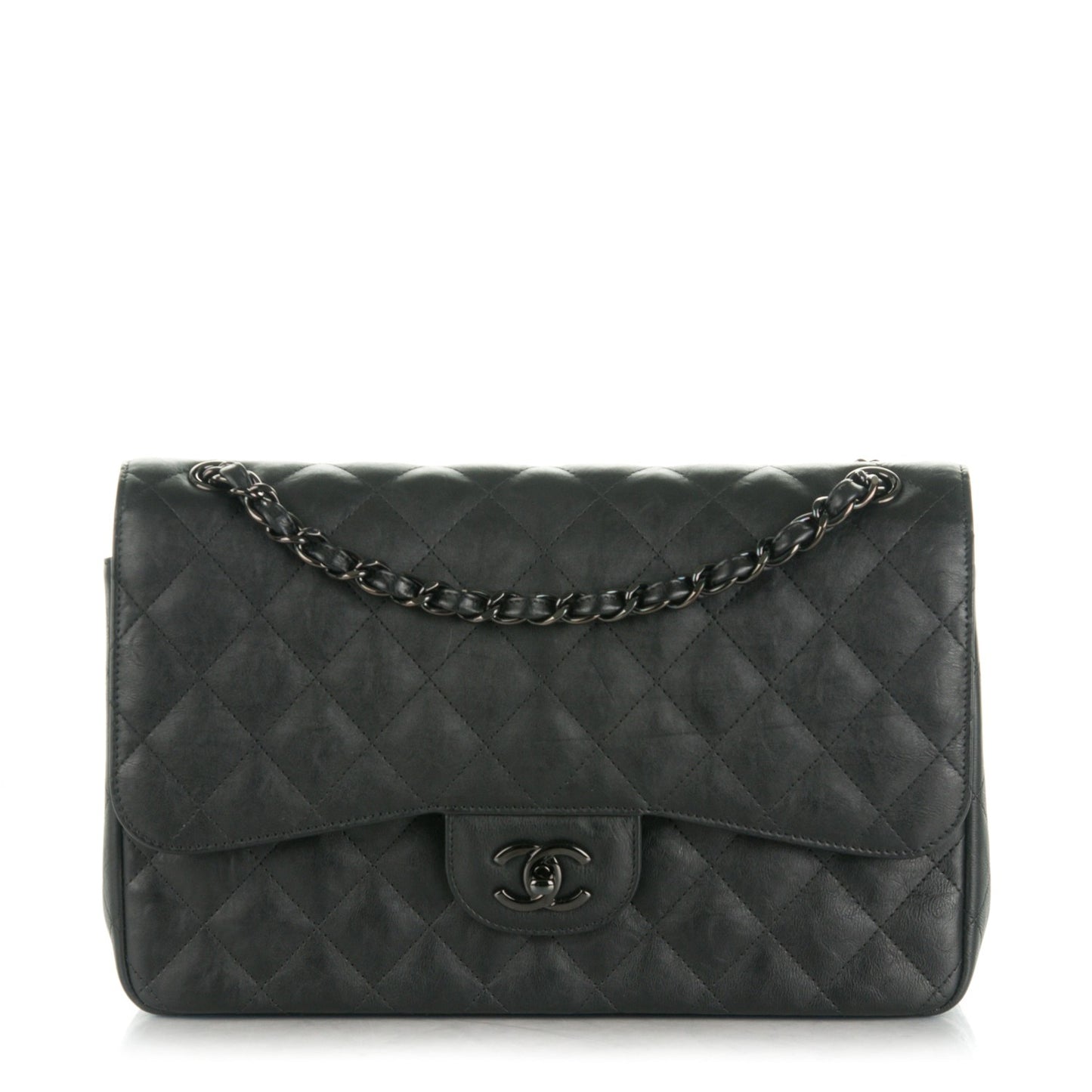 Crumpled Calfskin Quilted Jumbo Double Flap So Black