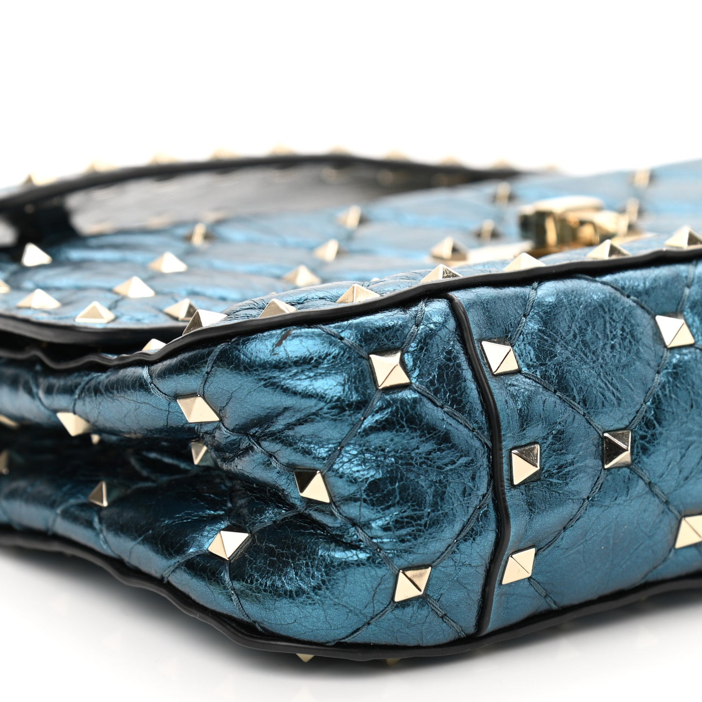 Metallic Wrinkled Lambskin Small Rockstud Spike Shoulder Bag Peacock