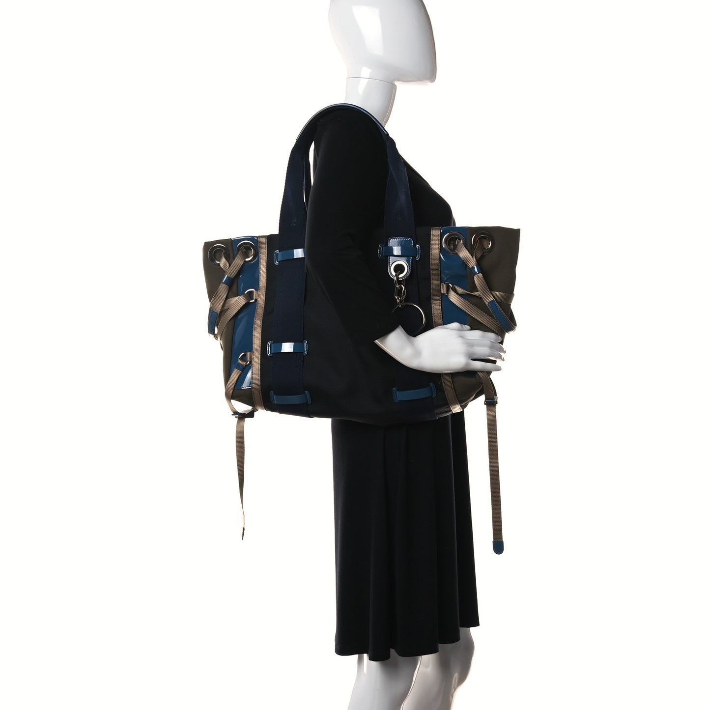 Nylon Canvas Glossy Lambskin Medium Tao Zipped Tote Blue Green